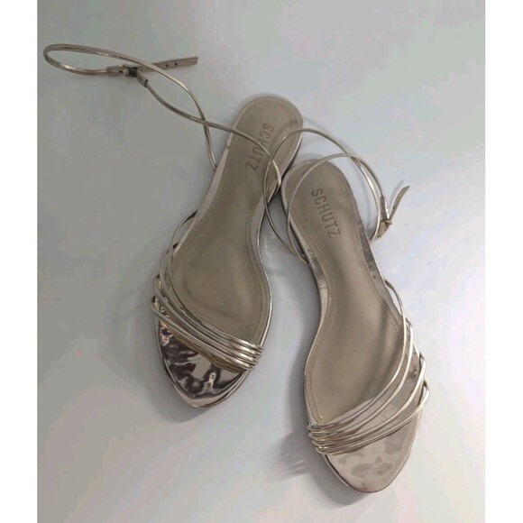 Schultz Inez Ankle Strap Sandal Size US 8.5 B Platina Gold Metallic Flat - Picture 2 of 10
